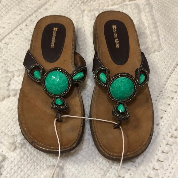Naturalizer Faux Crystal Green Brown Cork Wedge Thong Sandal 10 - Picture 1 of 11